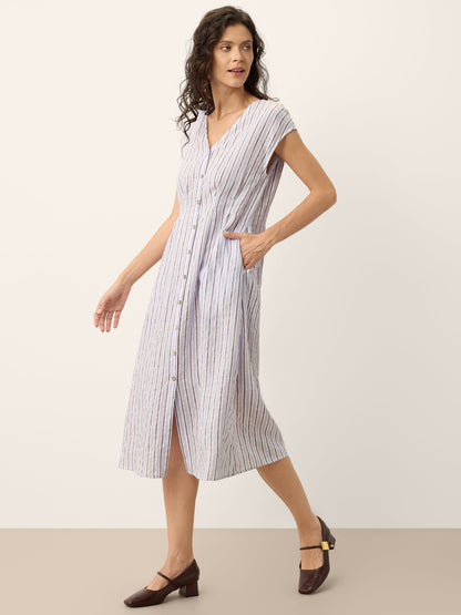 100% Linen Striped Tailored Cap Sleeve Midi Dress AGNES