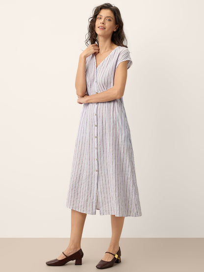 100% Linen Striped Tailored Cap Sleeve Midi Dress AGNES