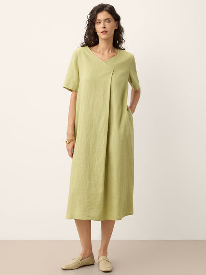 100% Linen Surplice Neck A Line Midi Dress JUDITH