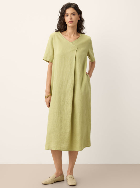100% Linen Surplice Neck A Line Midi Dress JUDITH