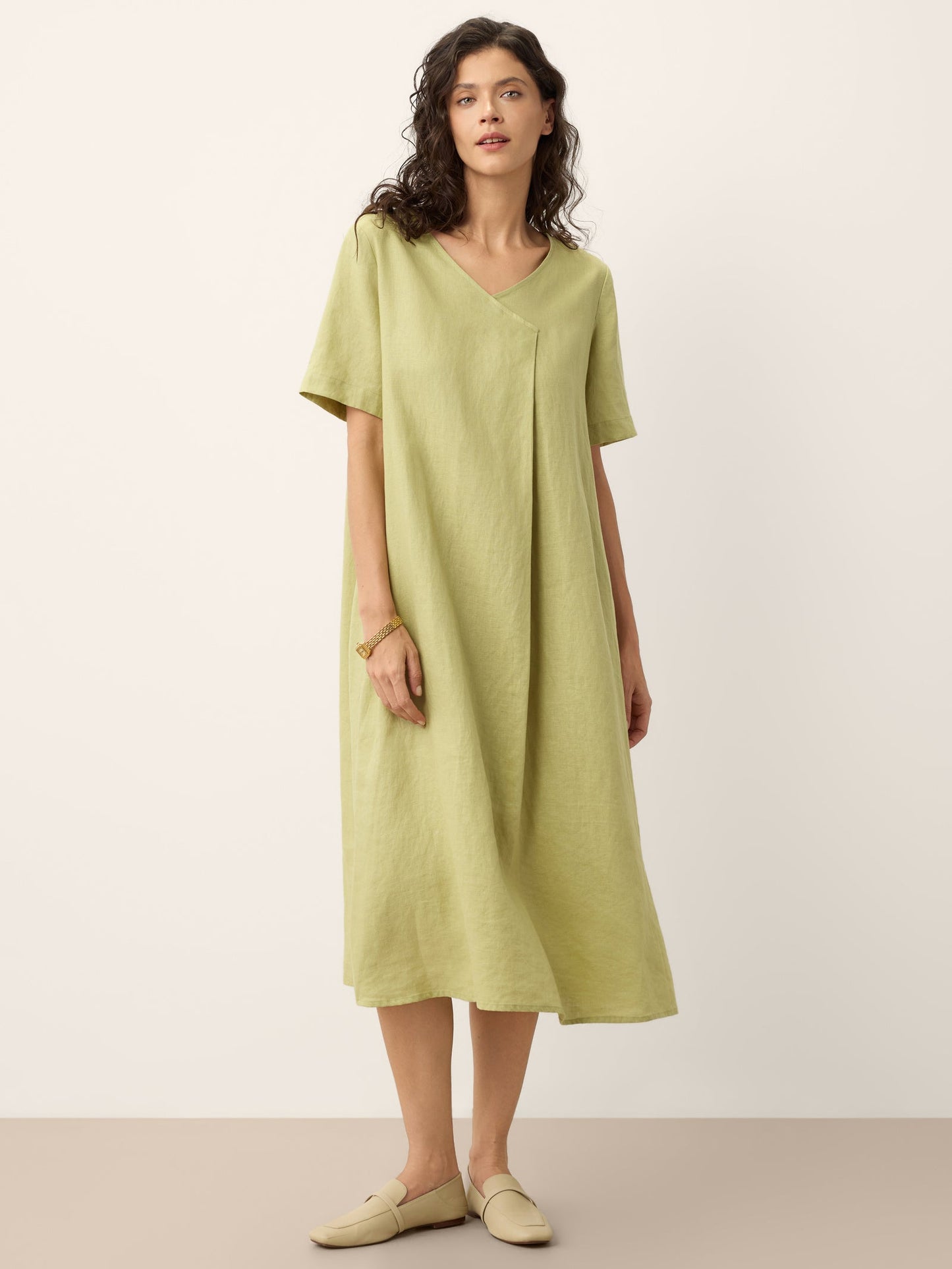 100% Linen Surplice Neck A Line Midi Dress JUDITH