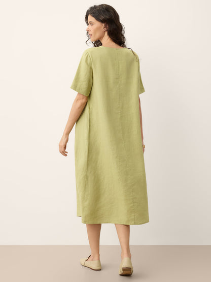 100% Linen Surplice Neck A Line Midi Dress JUDITH