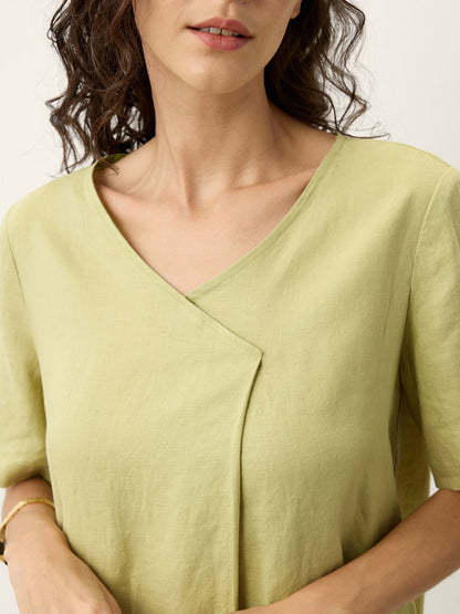 100% Linen Surplice Neck A Line Midi Dress JUDITH