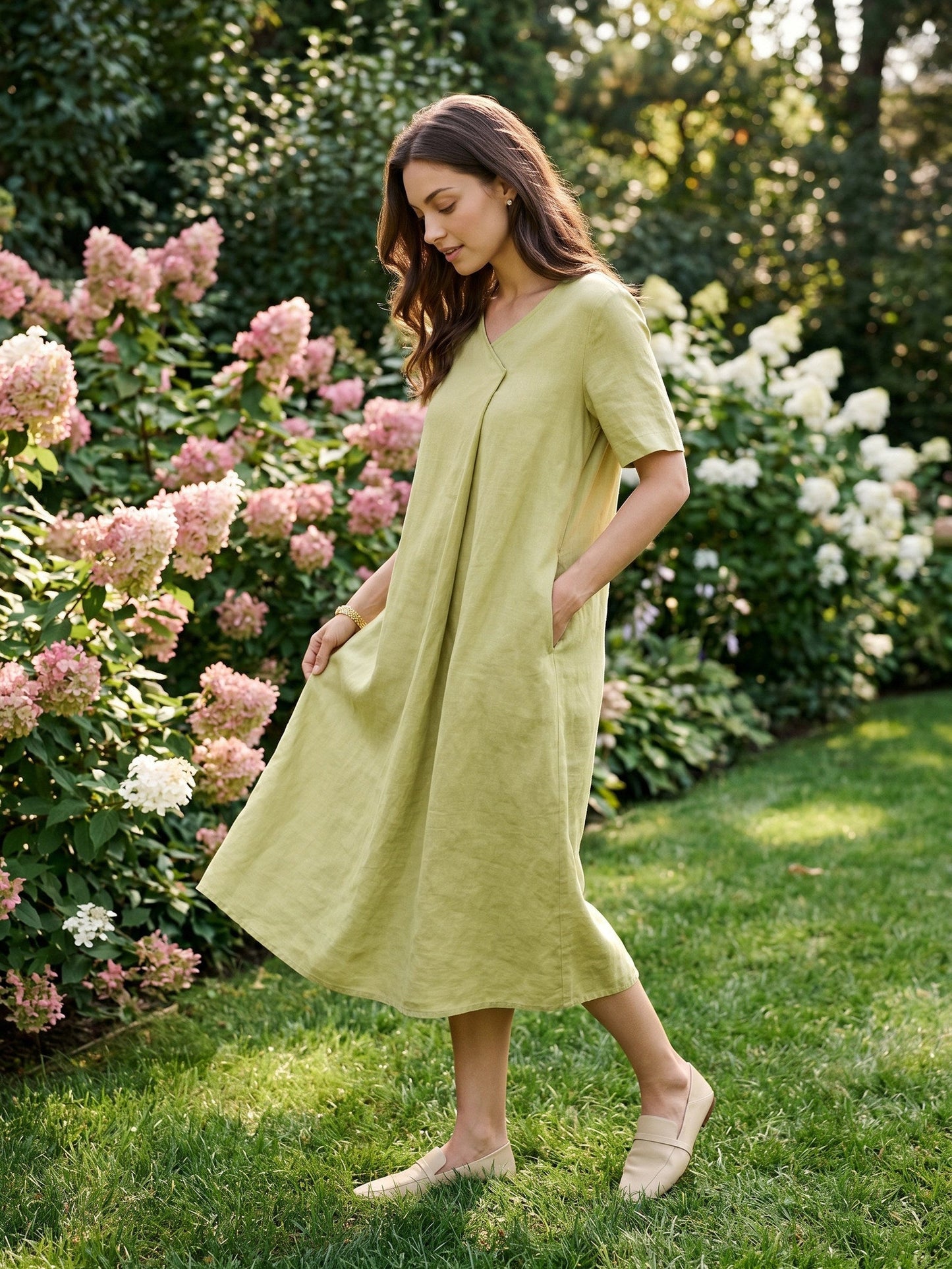100% Linen Surplice Neck A Line Midi Dress JUDITH
