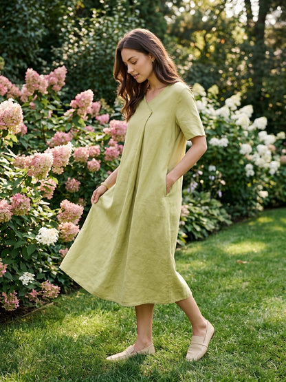 100% Linen Surplice Neck A Line Midi Dress JUDITH