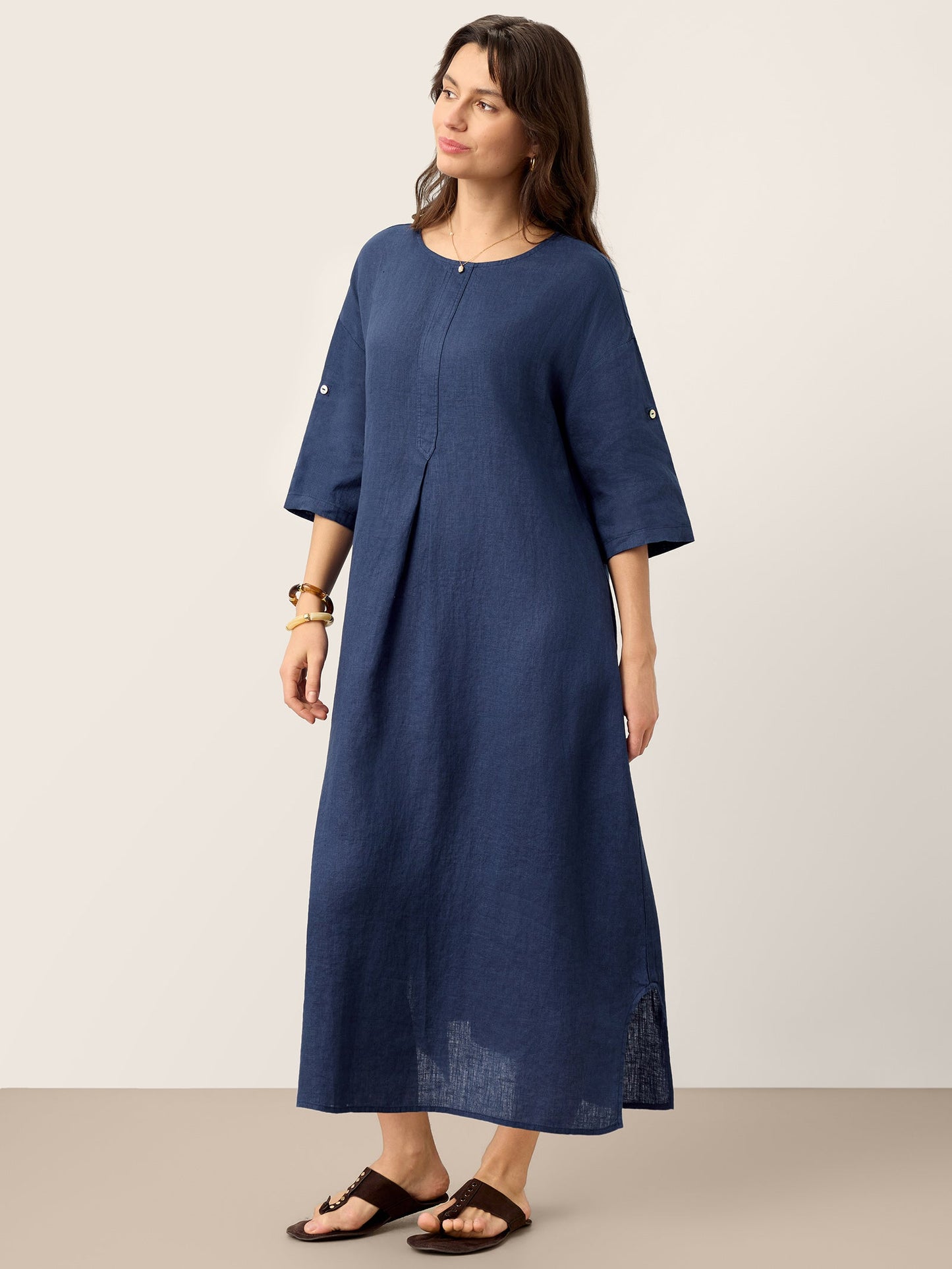 100% Linen Roll-Up Sleeve Inverted Pleat Midi Dress MARIBEL