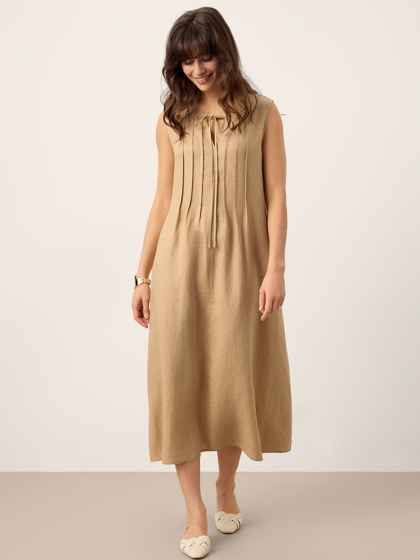 100% Linen Sleeveless Tie-Neck Pintucked Midi Dress MILLICENT