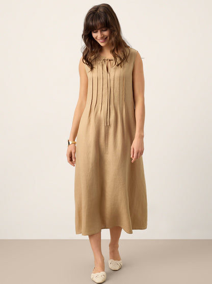 100% Linen Sleeveless Tie-Neck Pintucked Midi Dress MILLICENT