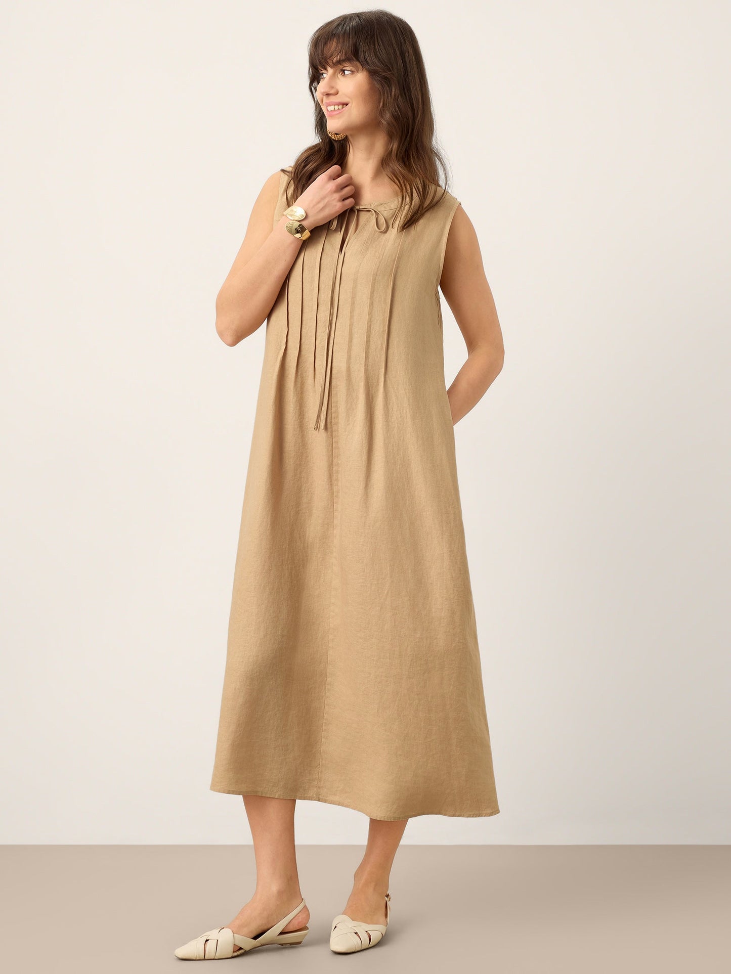 100% Linen Sleeveless Tie-Neck Pintucked Midi Dress MILLICENT