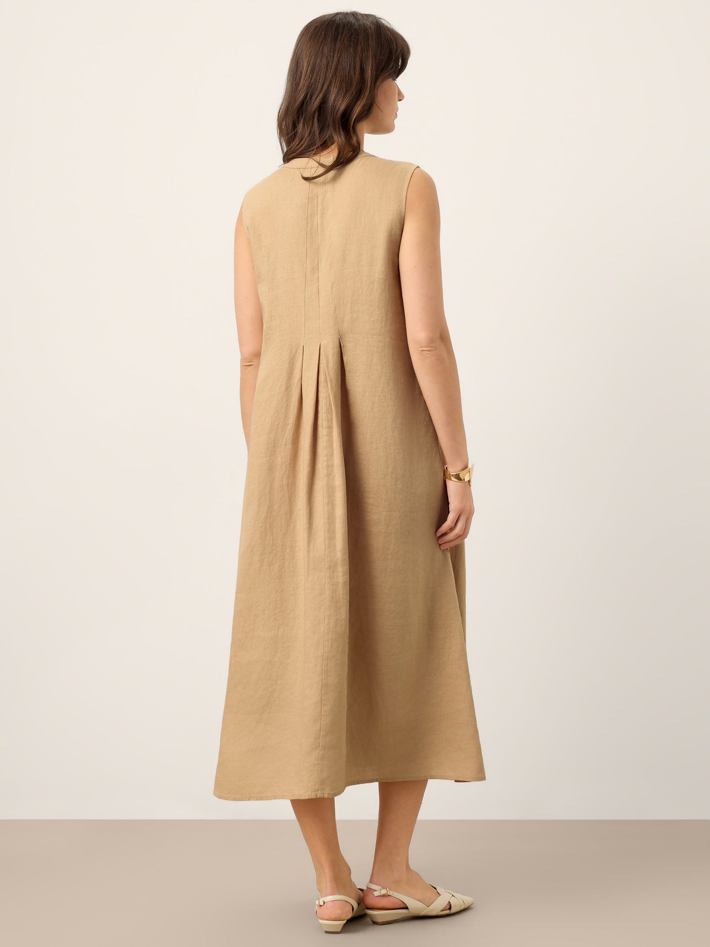 100% Linen Sleeveless Tie-Neck Pintucked Midi Dress MILLICENT