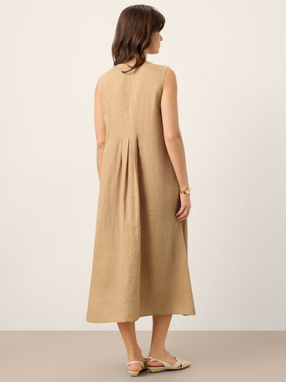 100% Linen Sleeveless Tie-Neck Pintucked Midi Dress MILLICENT