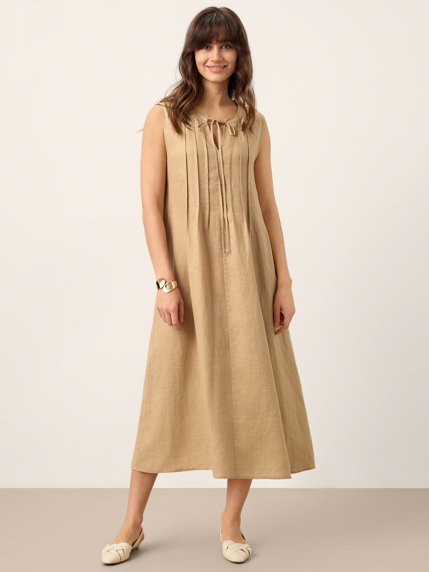 100% Linen Sleeveless Tie-Neck Pintucked Midi Dress MILLICENT