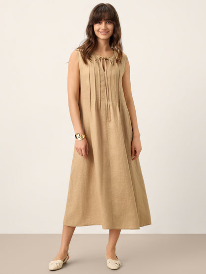 100% Linen Sleeveless Tie-Neck Pintucked Midi Dress MILLICENT