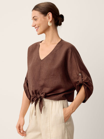 100% Linen Twist-Hem Batwing Top LAVENA