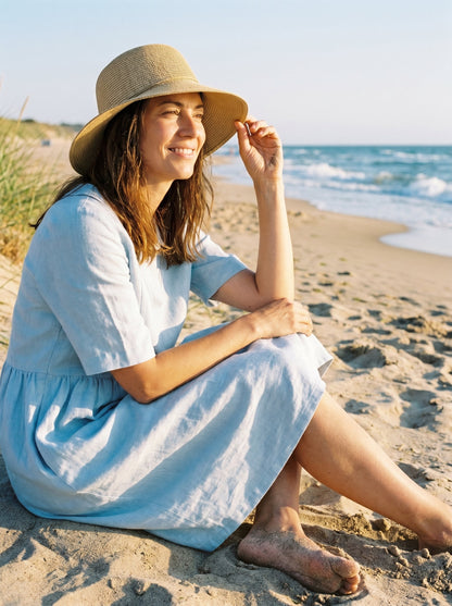 100% Linen Shawl V-Neck Pleated Midi Dress SUSAN
