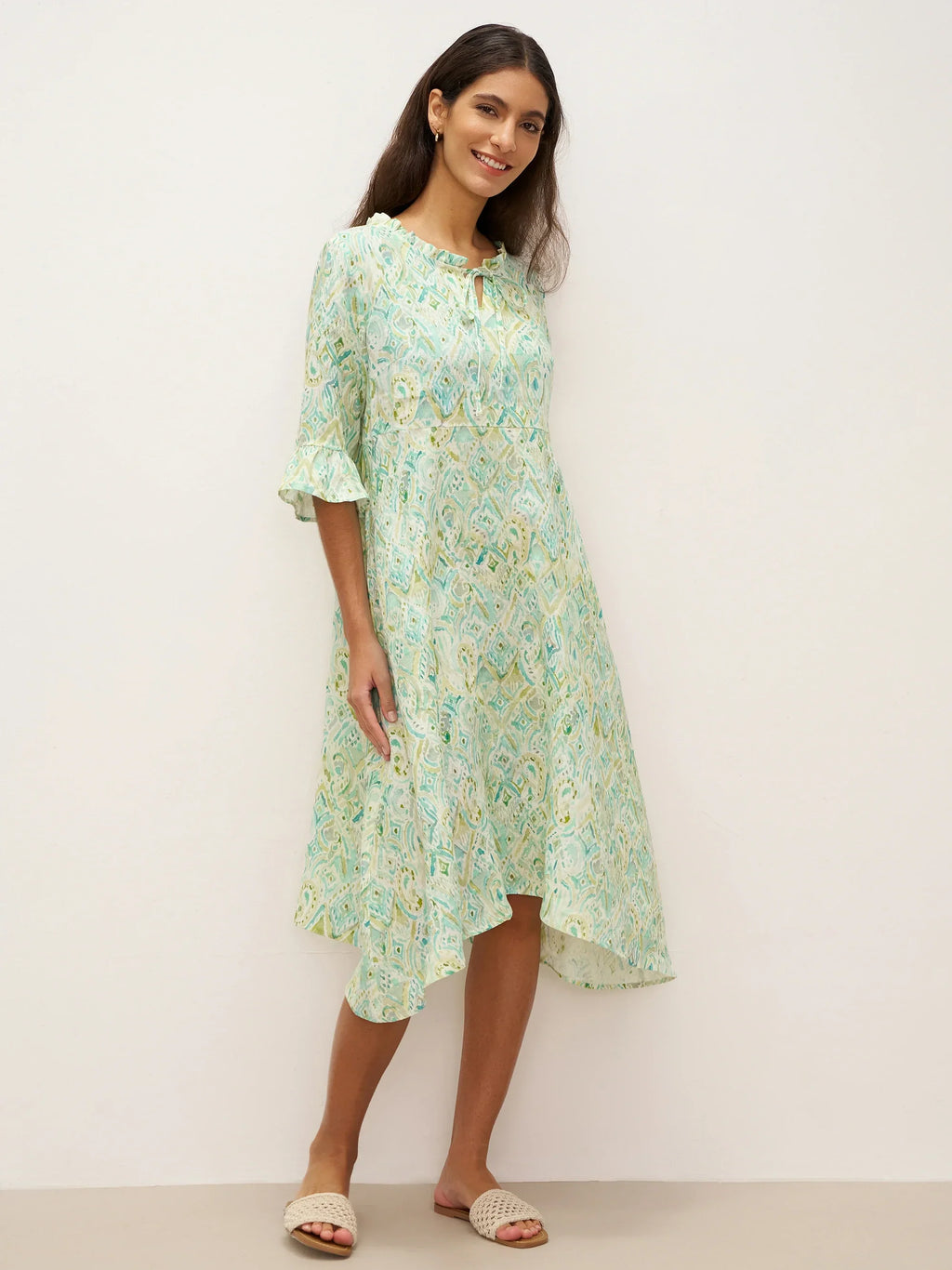 100% Linen A-Line Ruffled Collar Tie-Neck Mini Dress LIVIA