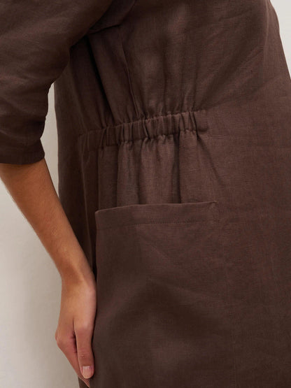 100% Linen V-neck Bell Pocket Midi Dress EVELINA