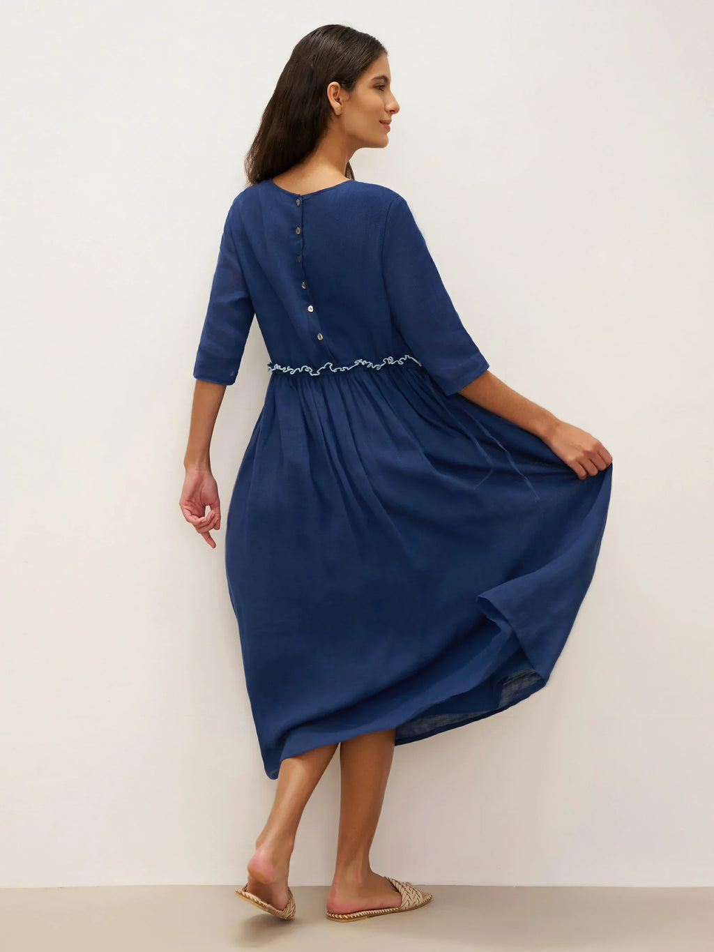 100% Linen Petal-Waist Drawstring Maxi Dress JASMINE