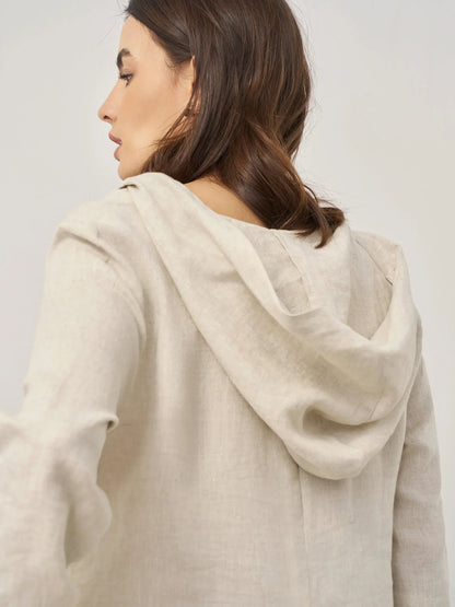 100% Linen Hooded Pullover Midi Dress REBECCA