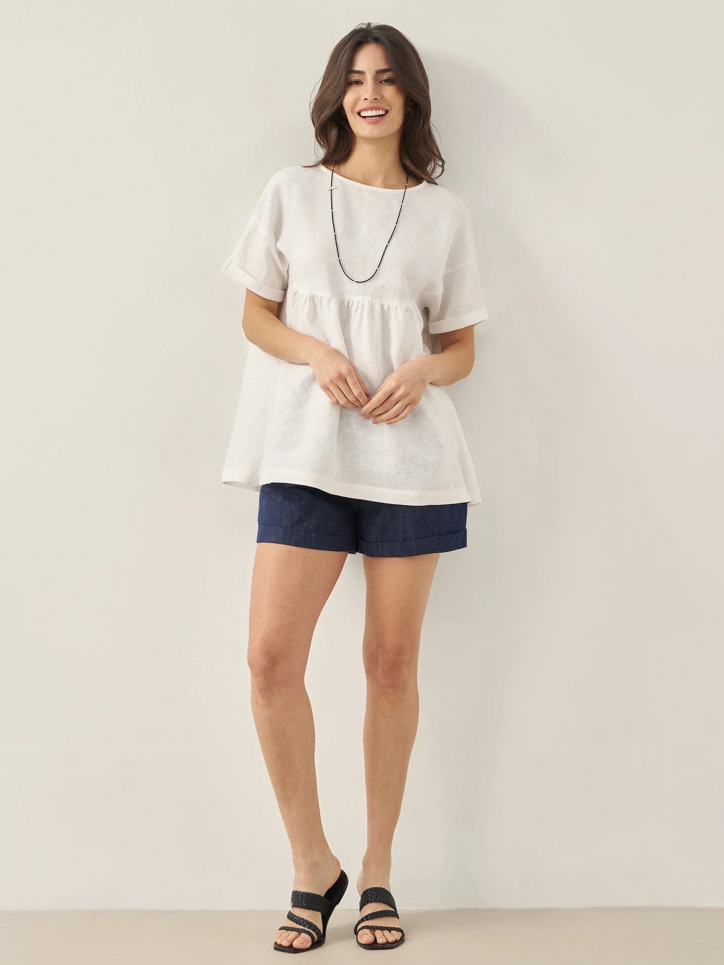 100% Linen Round Neck Pleated Pullover Top QUINLAN