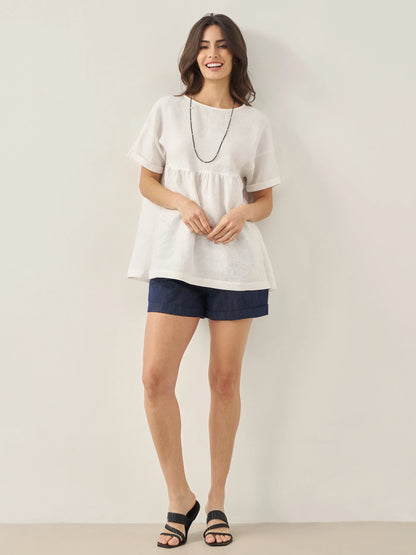 100% Linen Round Neck Pleated Pullover Top QUINLAN