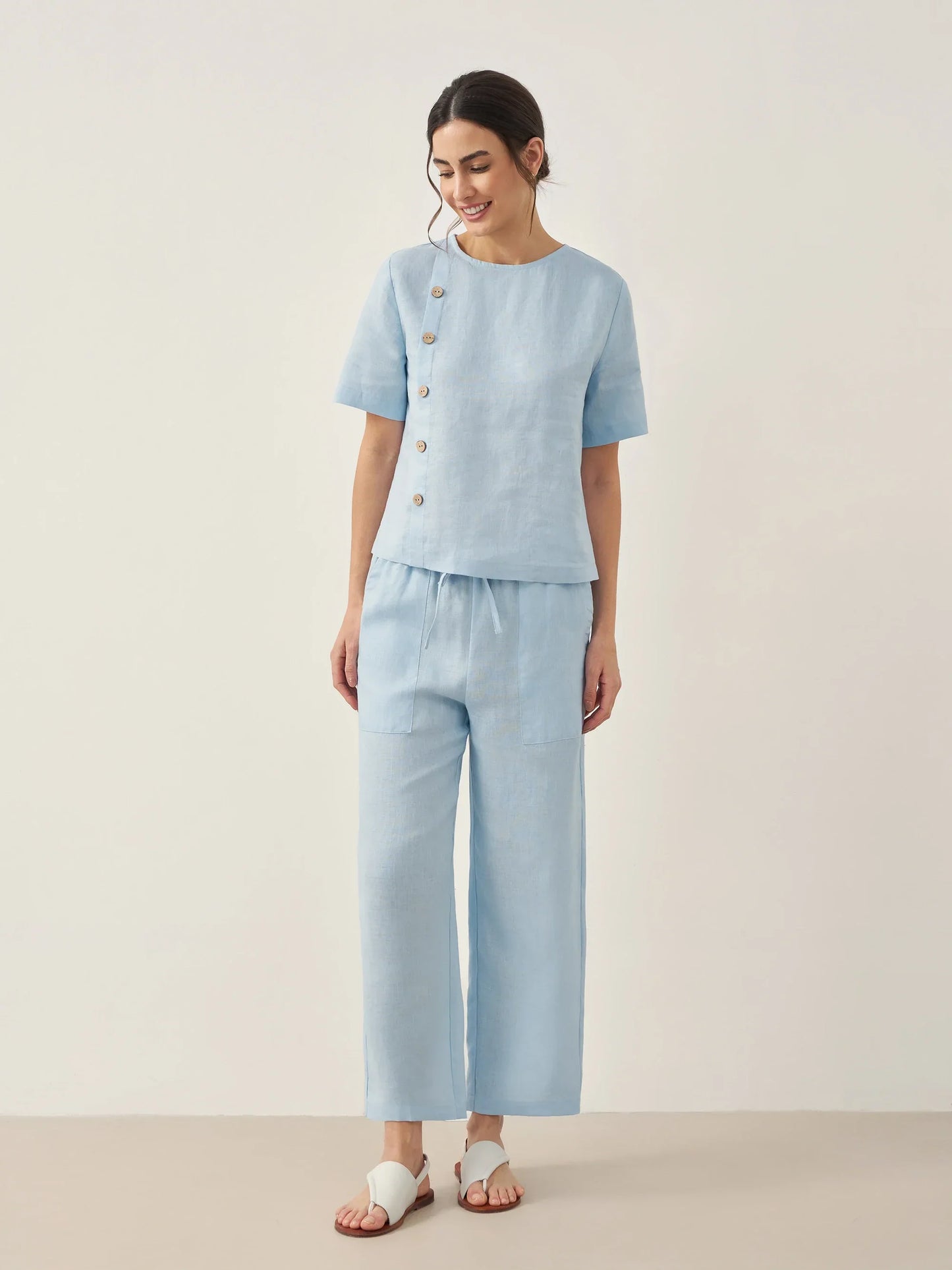 100% Linen Short-Sleeve Round Neck Button Detail Top & Pants Set JOSIE