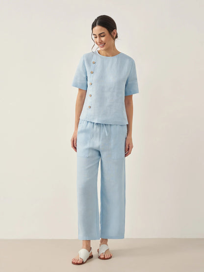 100% Linen Short-Sleeve Round Neck Button Detail Top & Pants Set JOSIE