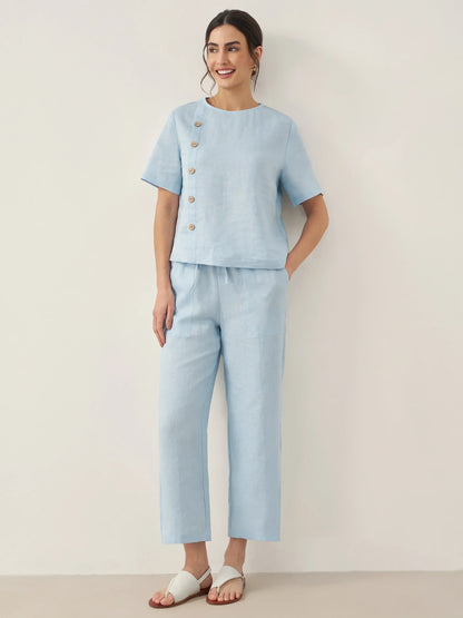 100% Linen Short-Sleeve Round Neck Button Detail Top & Pants Set JOSIE