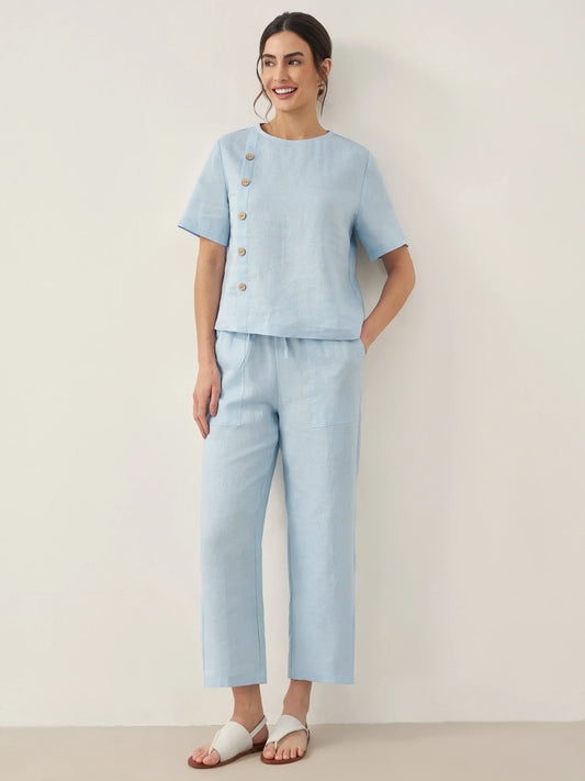 100% Linen Short-Sleeve Round Neck Button Detail Top & Pants Set JOSIE
