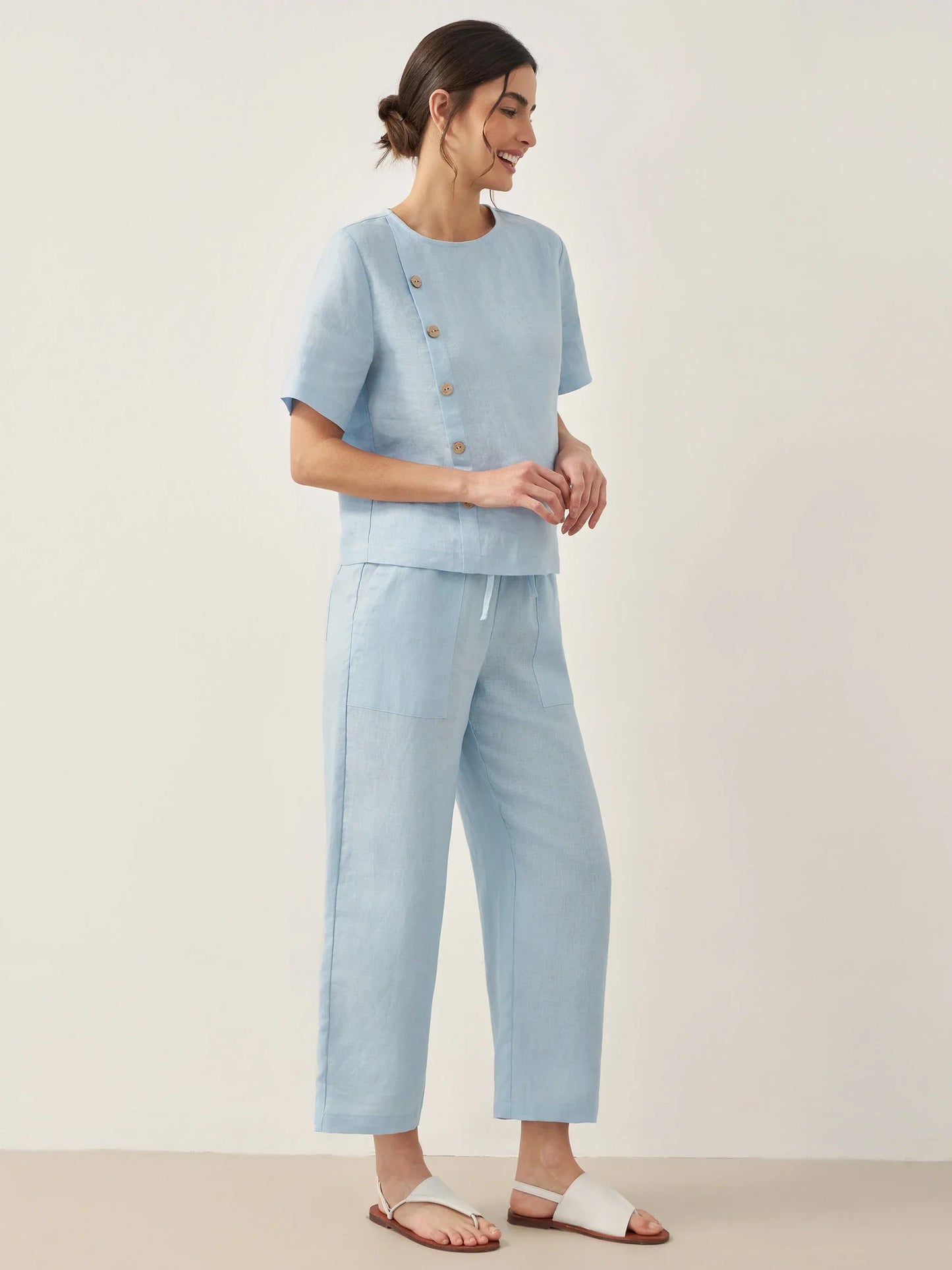 100% Linen Short-Sleeve Round Neck Button Detail Top & Pants Set JOSIE