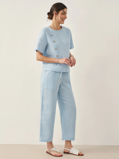 100% Linen Short-Sleeve Round Neck Button Detail Top & Pants Set JOSIE