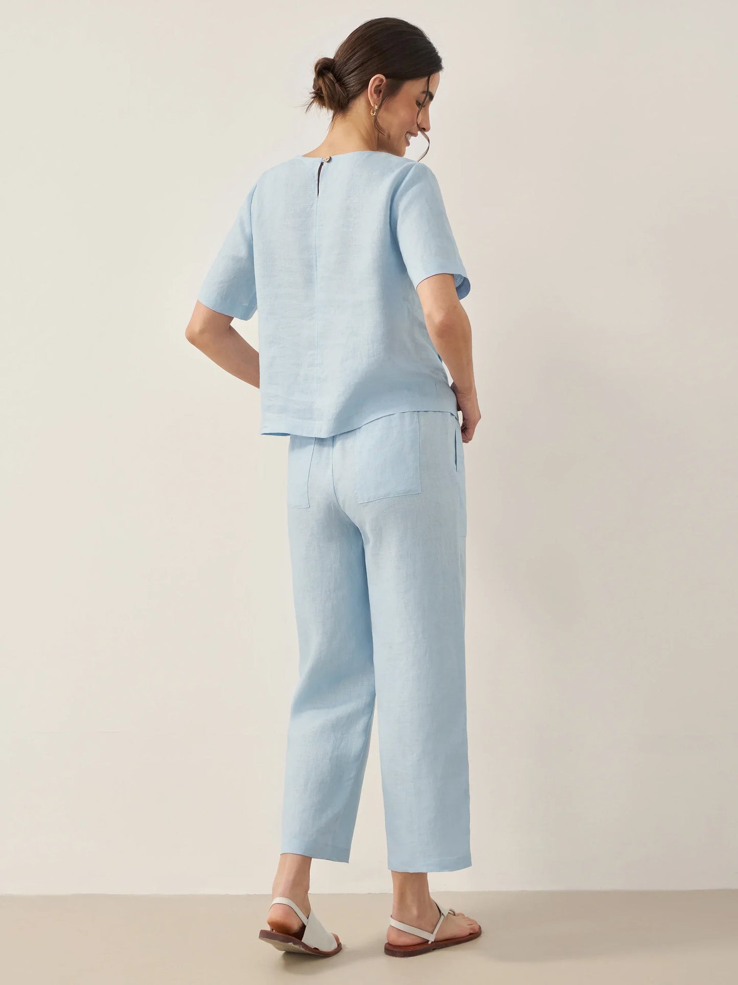 100% Linen Short-Sleeve Round Neck Button Detail Top & Pants Set JOSIE