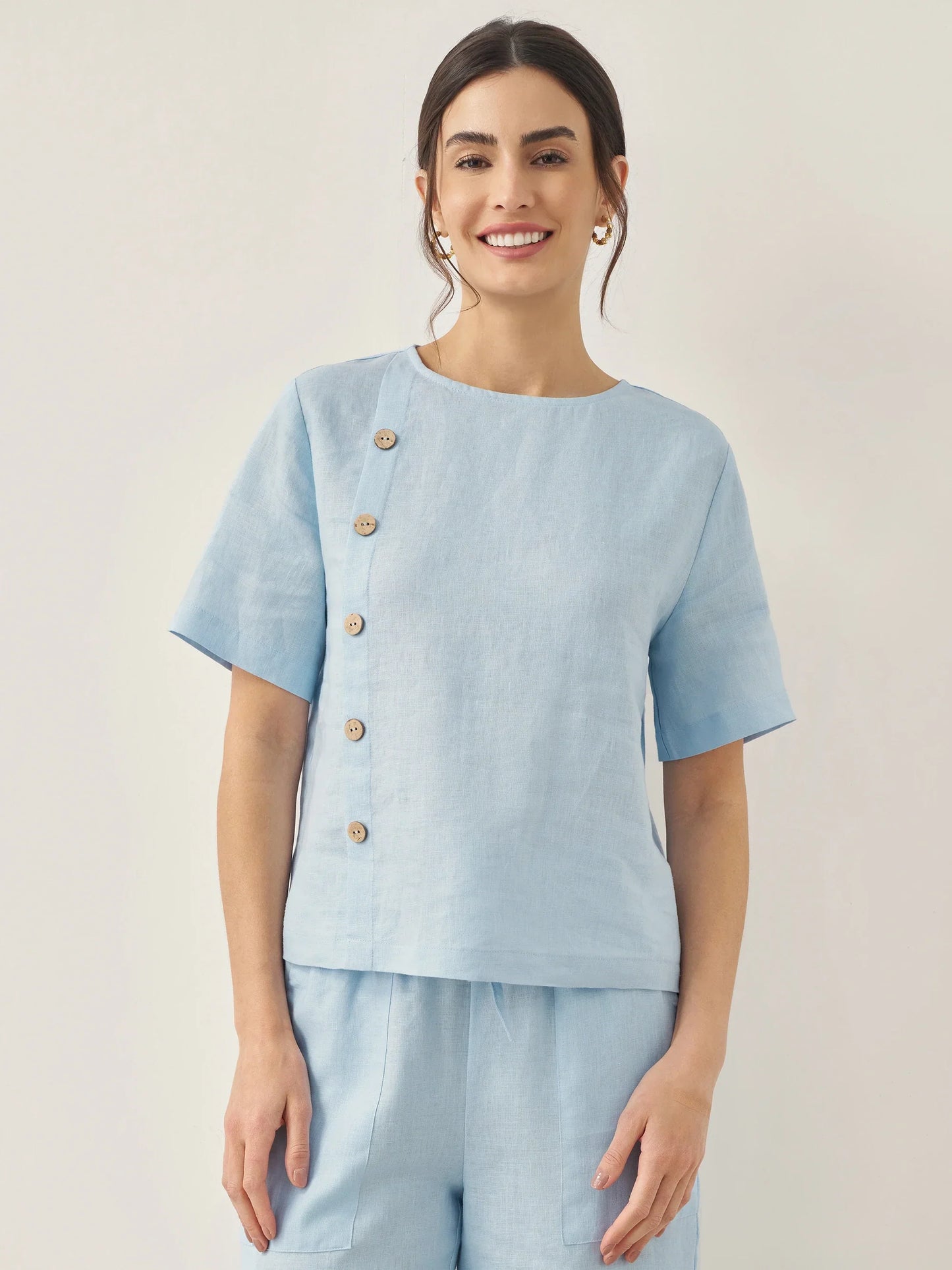 100% Linen Short-Sleeve Round Neck Button Detail Top & Pants Set JOSIE