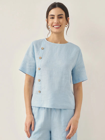 100% Linen Short-Sleeve Round Neck Button Detail Top & Pants Set JOSIE