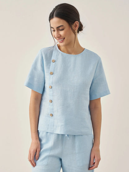 100% Linen Short-Sleeve Round Neck Button Detail Top & Pants Set JOSIE