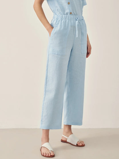 100% Linen Short-Sleeve Round Neck Button Detail Top & Pants Set JOSIE