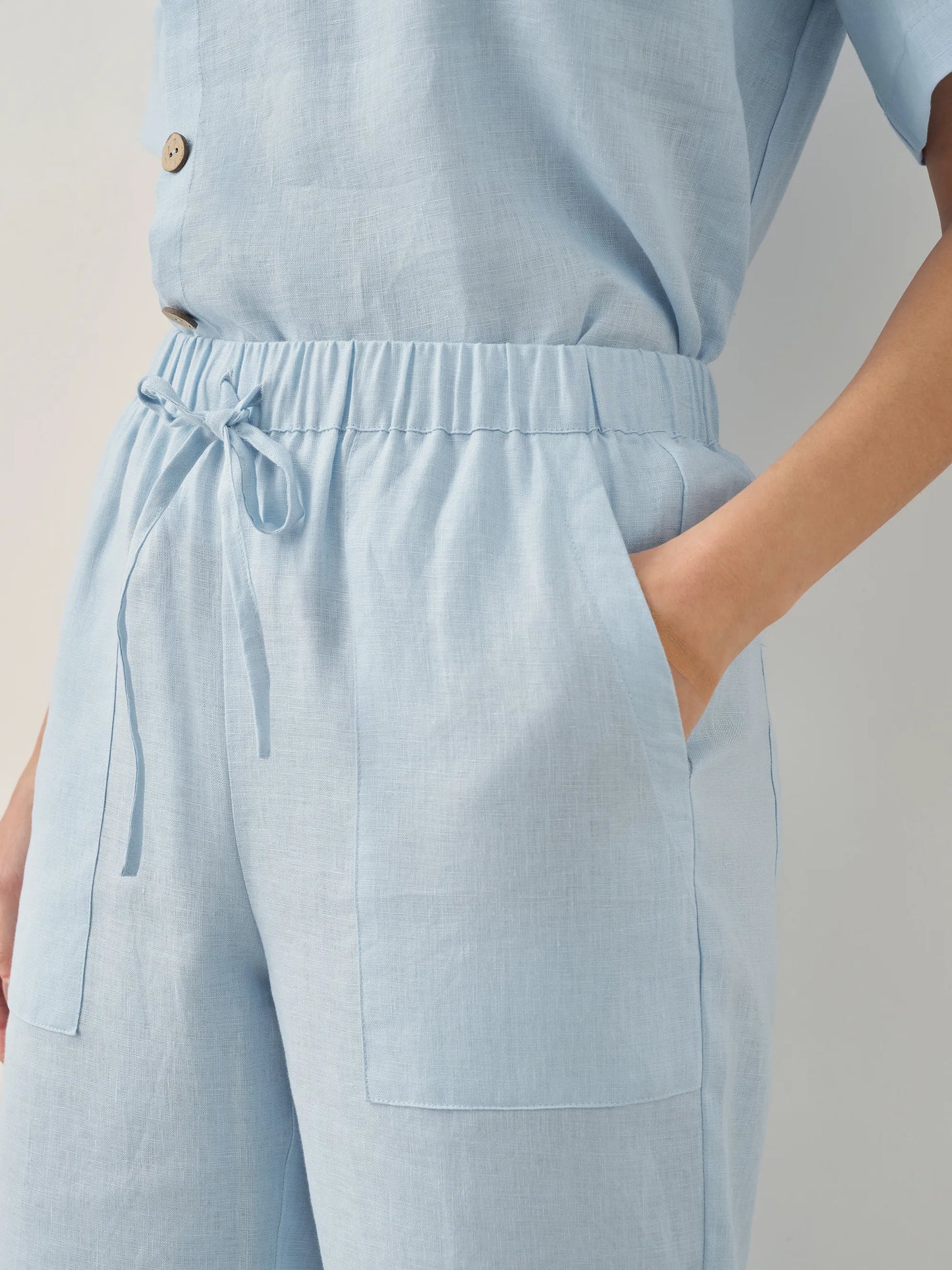 100% Linen Short-Sleeve Round Neck Button Detail Top & Pants Set JOSIE