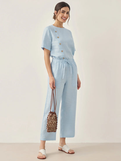 100% Linen Short-Sleeve Round Neck Button Detail Top & Pants Set JOSIE