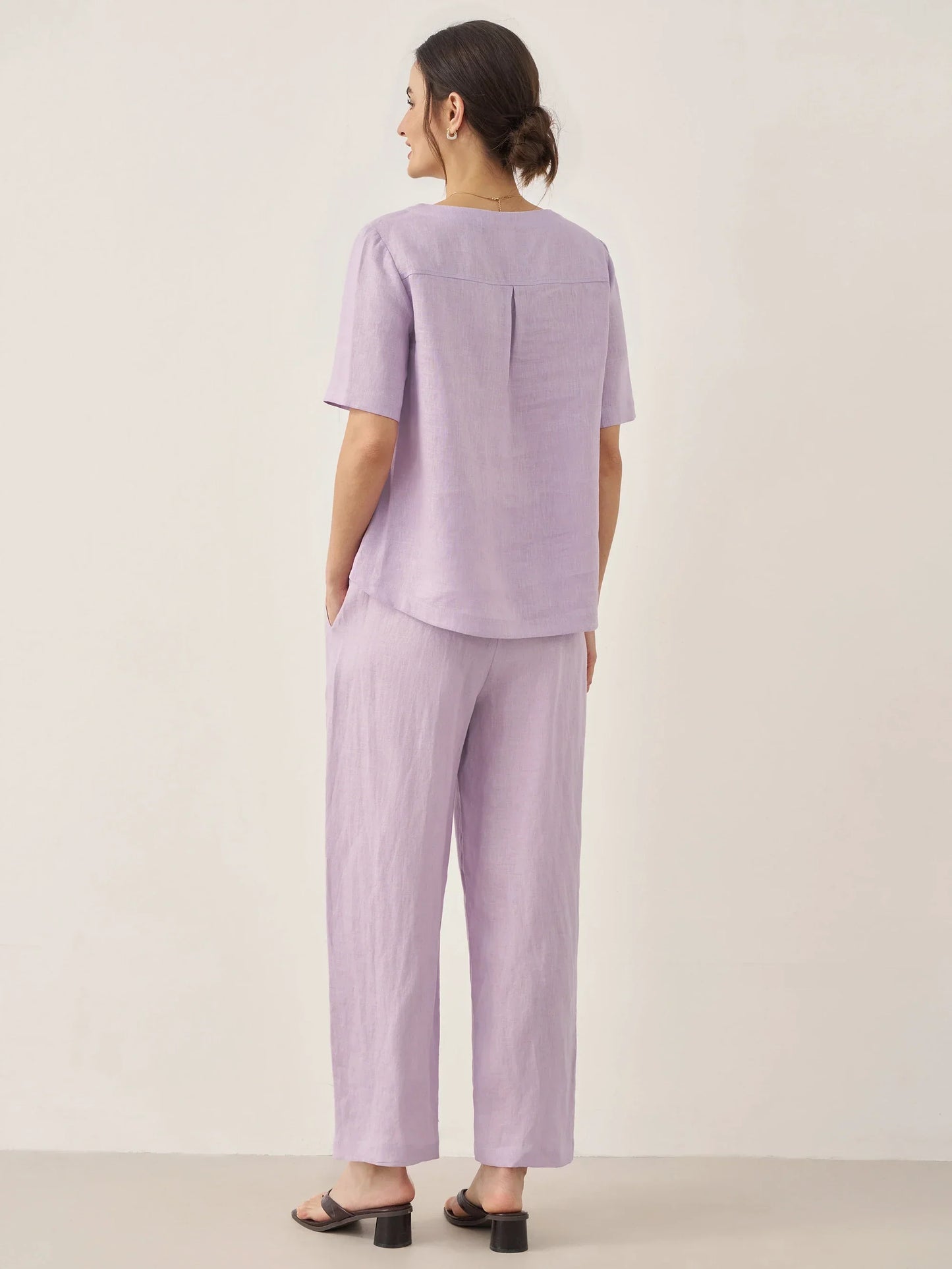 100% Linen Short-Sleeve Round Neck Button Detail Top & Pants Set SASHA