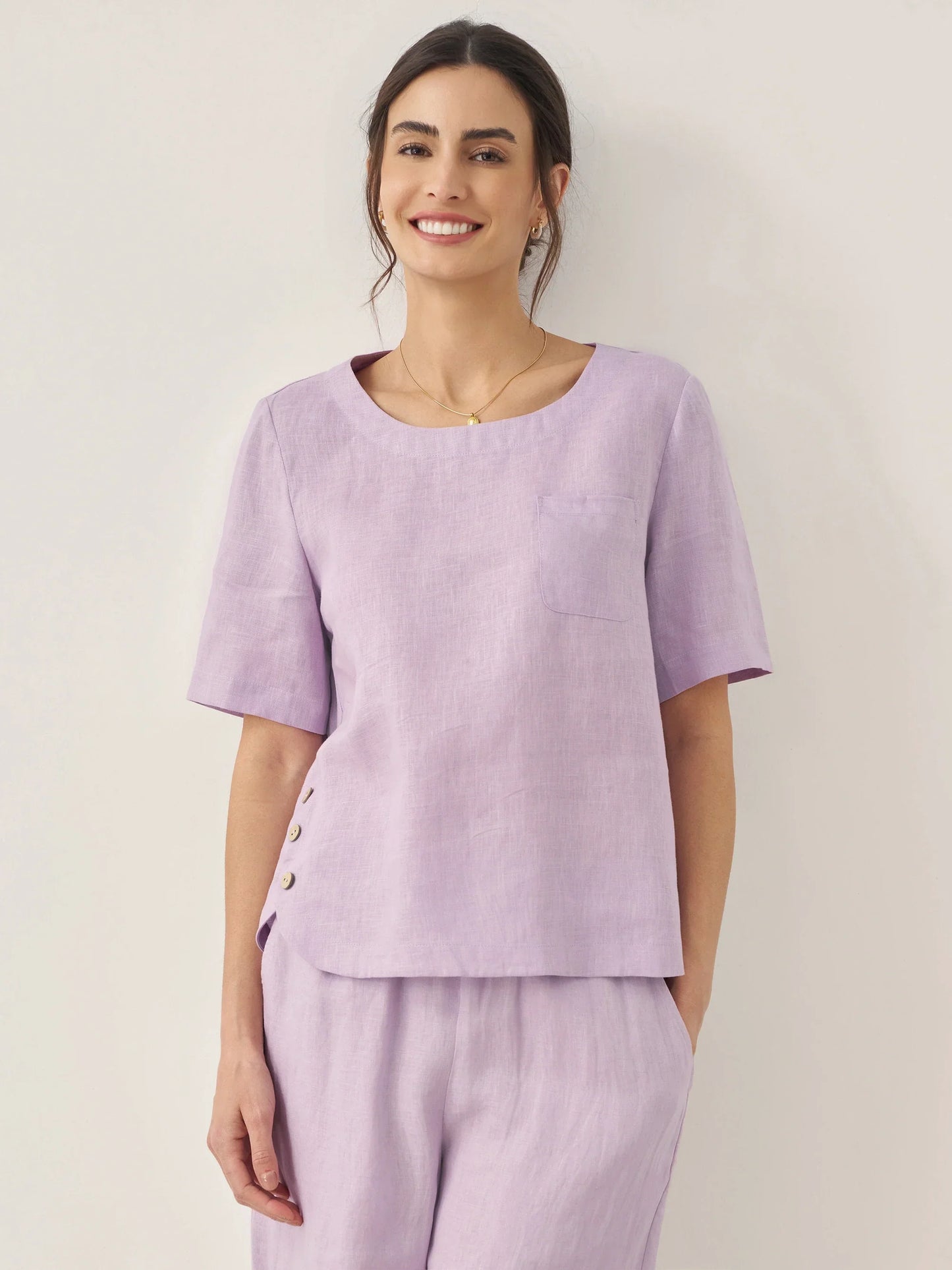 100% Linen Short-Sleeve Round Neck Button Detail Top & Pants Set SASHA