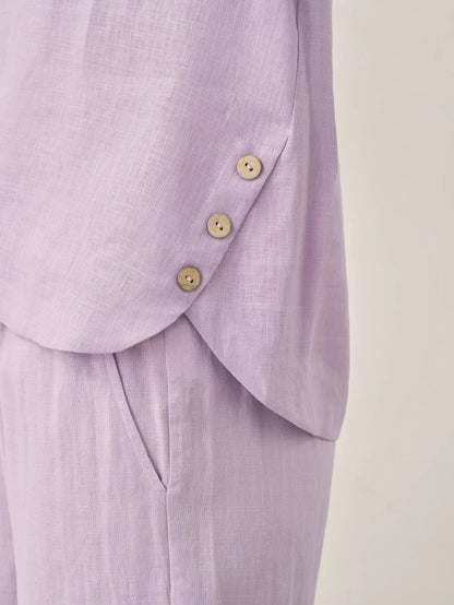 100% Linen Short-Sleeve Round Neck Button Detail Top & Pants Set SASHA