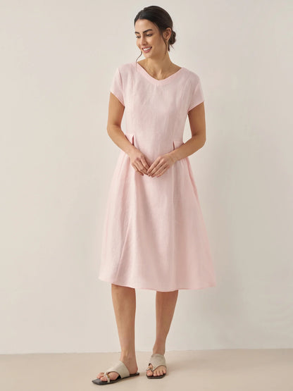 100% Linen Natural Summer V-Neck Dress ALEXA