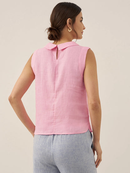100% Linen Draped Collar Tank Top