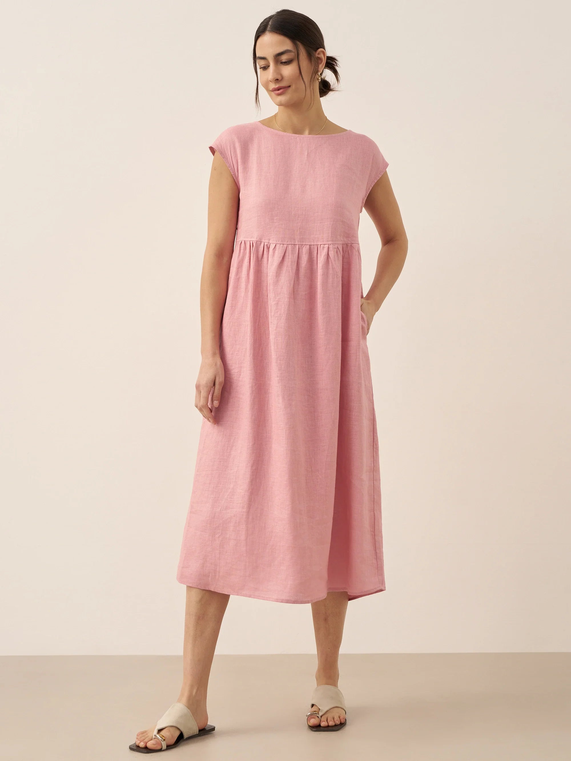 Linen Striped Cap Sleeve Washed Midi Dress JOAN