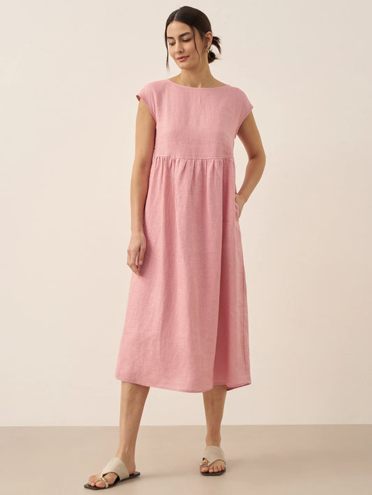 100% Linen Cap Sleeve Washed Midi Dress JOAN