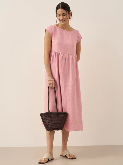 Linen Striped Cap Sleeve Washed Midi Dress JOAN