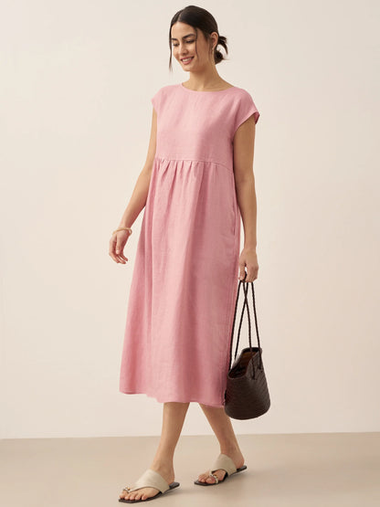 Linen Striped Cap Sleeve Washed Midi Dress JOAN