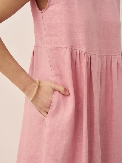 100% Linen Cap Sleeve Washed Midi Dress JOAN