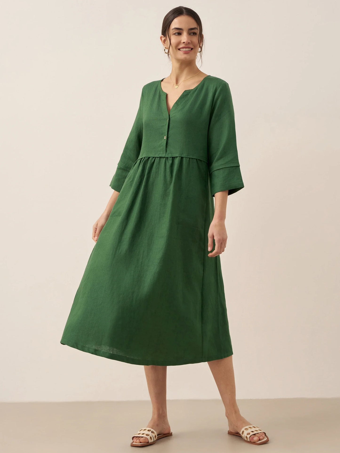 100% Linen Loose Fit Button Waist Gathered Midi Dress LUNA