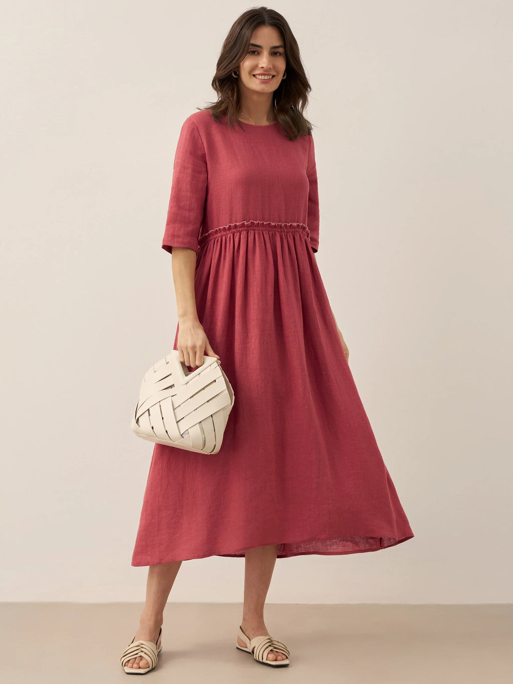 100% Linen Petal-Waist Drawstring Maxi Dress JASMINE